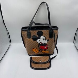 Disney Mickey Mouse Tote Bag Purse & Coin Bag Brown, Black Pattern